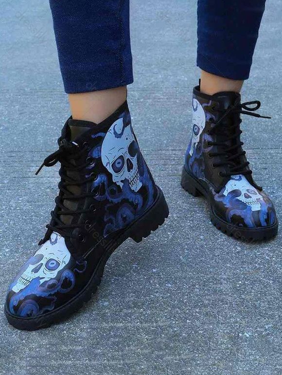 Skull Print Round Toe Lace Up Halloween Boots - Bleu EU 40