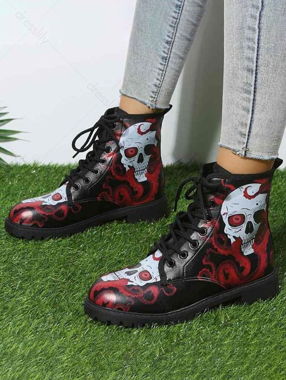 Skull Print Round Toe Lace Up Halloween Boots - Rouge EU 43