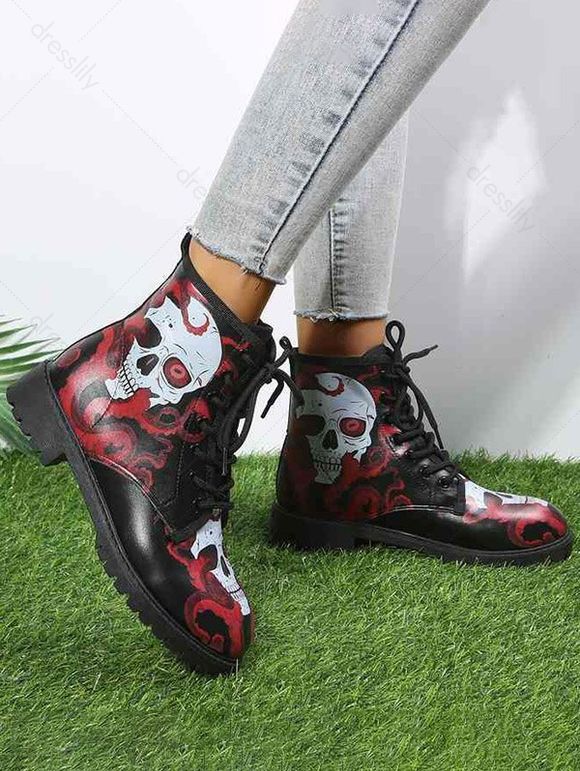 Skull Print Round Toe Lace Up Halloween Boots - Rouge EU 42