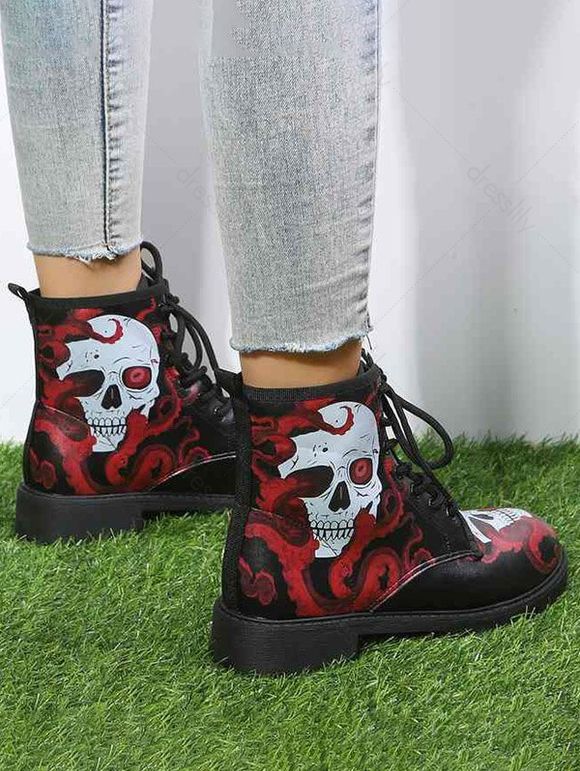 Skull Print Round Toe Lace Up Halloween Boots - Rouge EU 42