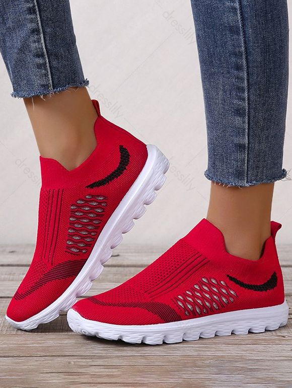 Knit Detail Breathable Slip On Sporty Shoes - Rouge EU 43