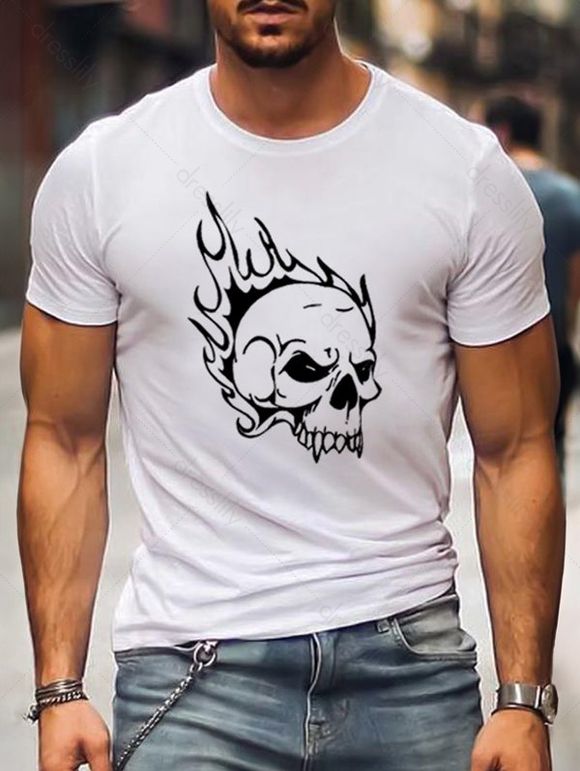 T-shirt Décontracté à Imprimé Crâne et Feu à Col Rond en Coton - Blanc XXL