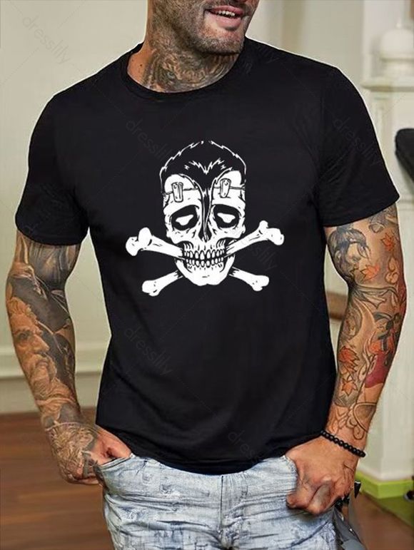 T-shirt D'Halloween à Imprimé Crâne à Col Rond en Coton - Noir XXL