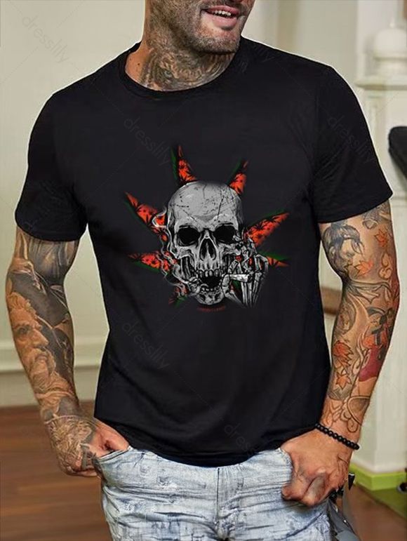 T-shirt à Imprimé Crâne à Manches Courtes en Coton Streetwear - Noir XXL