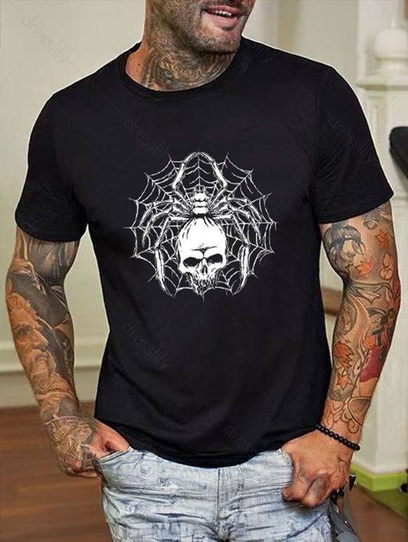 T-shirt D'Halloween Décontracté à Imprimé Araignée à Col Rond en Coton - Noir XL