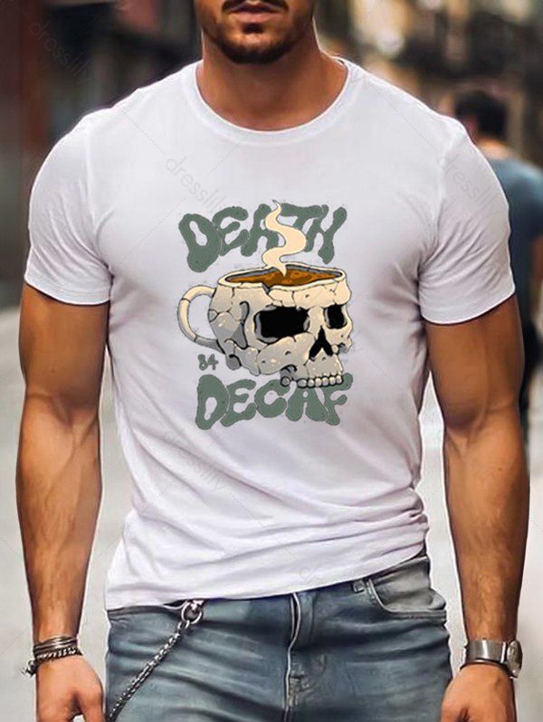 Men T-Shirts Skull and Letter Print T Shirt Cotton Round Neck Casual Tee Clothing Online L White