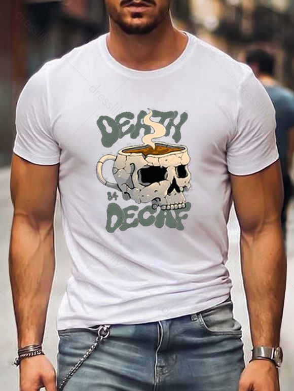 T-shirt Décontracté à Imprimé Lettre et Crâne à Col Rond en Coton - Blanc L