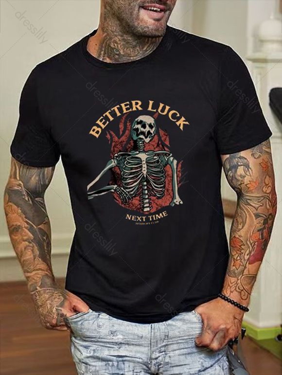 T-shirt à Imprimé Squelette et Slogan en Coton à Col Rond de Streetwear - Noir XL