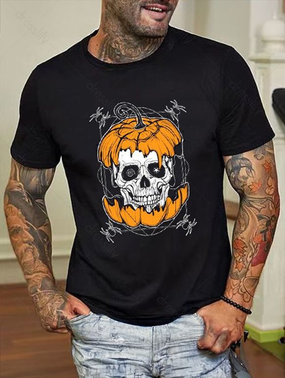 T-shirt Décontracté D'Halloween à Imprimé Citrouille et Crâne en Coton à Col Rond - Noir XXL