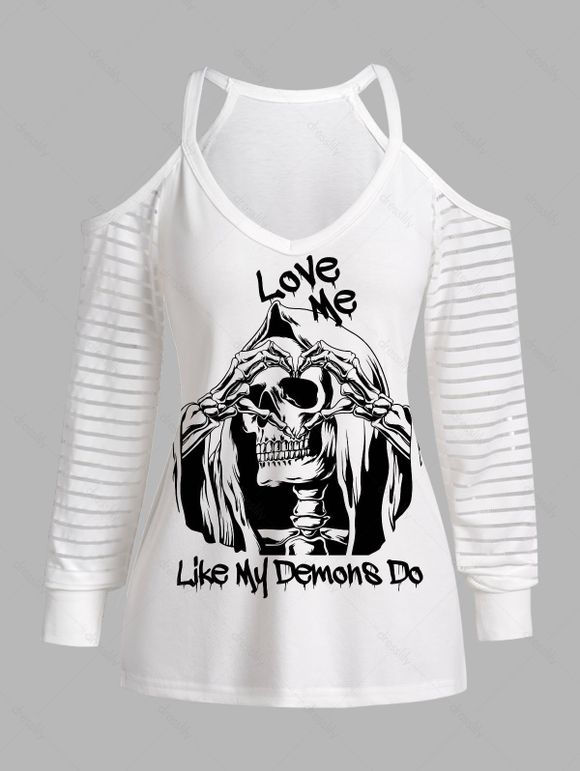 T-shirt D'Halloween Décontracté à Imprimé Squelette et Lettre à Epaule Dénudée - Blanc 2XL