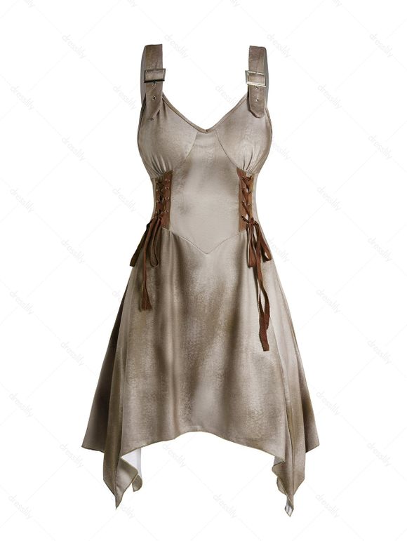 Lace Up Asymmetric Dress Buckle Strap Midi Cami Dress - LIGHT COFFEE XL