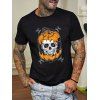 T-shirt Décontracté D'Halloween à Imprimé Citrouille et Crâne en Coton à Col Rond - Noir XXL