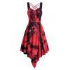 Tie Dye Print Belted Asymmetric Dress Crisscross Lace-up Eyelet Midi Dress - RED XXL