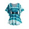 T-shirt Décontracté Ceinturé Teinté Imprimé Manches Bouffantes - Bleu M