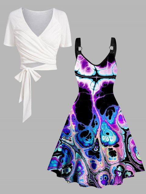 Crossover Tied V Neck Cropped Top and Psychedelic Print O Ring Tank Dress Set