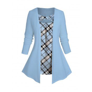 

Plus Size Plaid Print Top Long Sleeve Faux Twinset Top, Light blue