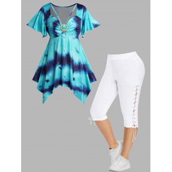 

Plus Size Tie Dye Print Flutter Sleeve Handkerchief Top and Lace Up Eyelet Capri Leggings Outfit, Blue