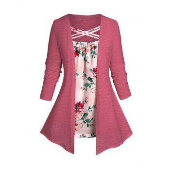 

Plus Size Floral Print Crisscross Top Long Sleeve Faux Twinset Top, Light pink