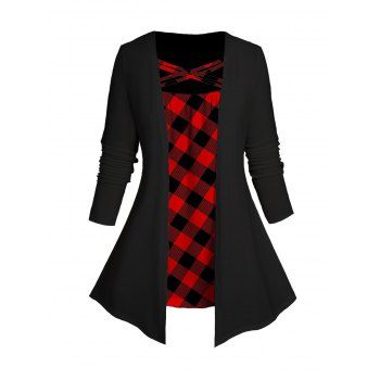 

Plus Size Plaid Print Crisscross Top Long Sleeve Faux Twinset Top, Red