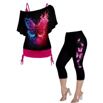 

Plus Size Butterfly Print Skew Neck Tops and Cropped Capri Leggings Outfit, Light pink