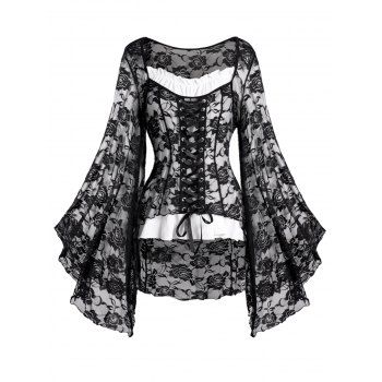 

Lace Up See Thru Flare Sleeve Floral Lace Top And Pure Color Ruffles Long Sleeve Blouse Two Piece Set, Black