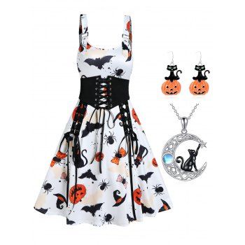 

Halloween Pumpkin Bat Spider Print Dress and Moon Cat Chain Necklace Drop Earrings Outfit, Multicolor