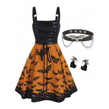 

Halloween Lace Up Bat Print Cami Dress and Gothic Stud Earrings Choker Necklace Outfit, Multicolor