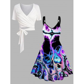 

Crossover Tied V Neck Cropped Top and Psychedelic Print O Ring Tank Dress Set, Multicolor