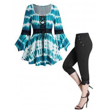 

Tie Dye Print Lace Up Top and Butterfly Lace Applique Capri Leggings Outfit, Multicolor