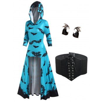 

Halloween Bat Allover Print Hoodie and Gothic Lace Up Star Eyelet Waist Belt Stud Earrings Outfit, Multicolor