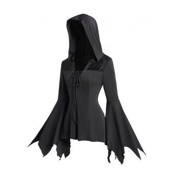 

Lace Panel Flare Sleeve Hooded Top Plain Color Lace Up Long Sleeve Gothic Top, Black