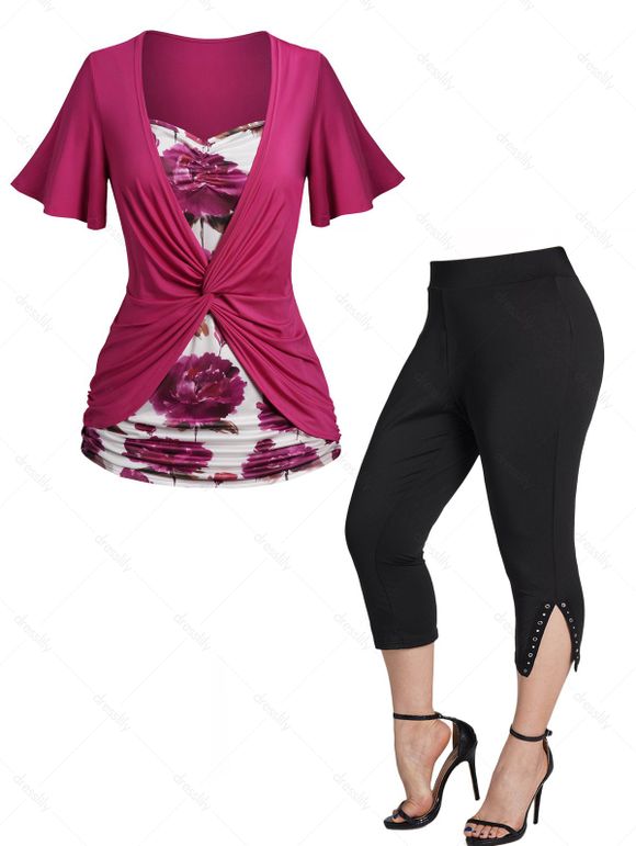 Plus Size Twist Cinched Side T Shirt and Grommet Rivet Slit Capri Leggings Outfit - RED L