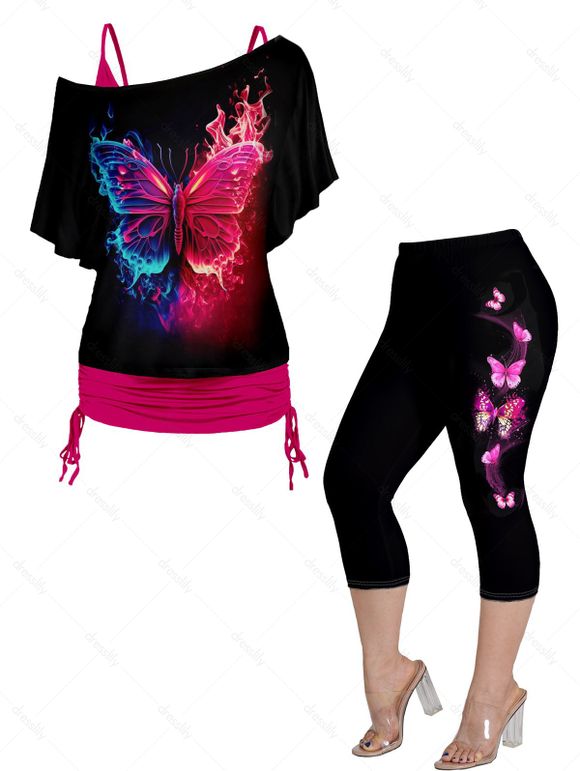 Plus Size Butterfly Print Skew Neck Tops and Cropped Capri Leggings Outfit - LIGHT PINK L