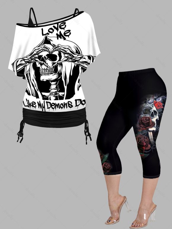 Plus Size Halloween Skeleton Print Skew Neck Tops and Elastic Waist Capri Leggings Outfit - BLACK L
