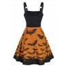 Halloween Lace Up Bat Print Cami Dress and Gothic Stud Earrings Choker Necklace Outfit - multicolor S