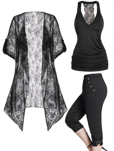 Ruched Halter Tank Top and Sheer Floral Lace Kimono Applique Capri Leggings Outfit