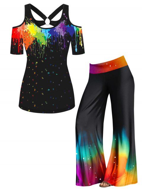 Cut Out Colorful Splatter Painting Print T-shirt and Rainbow Print Wide Leg Pants Outfit