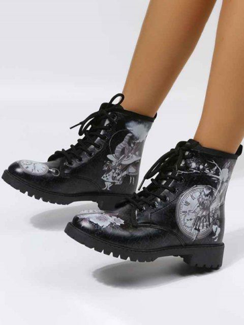Rabbit Print Lace Up Colorblock Lug Sole Casual Boots