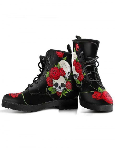 Halloween Skull and Rose Print Lace Up Outdoor Boots