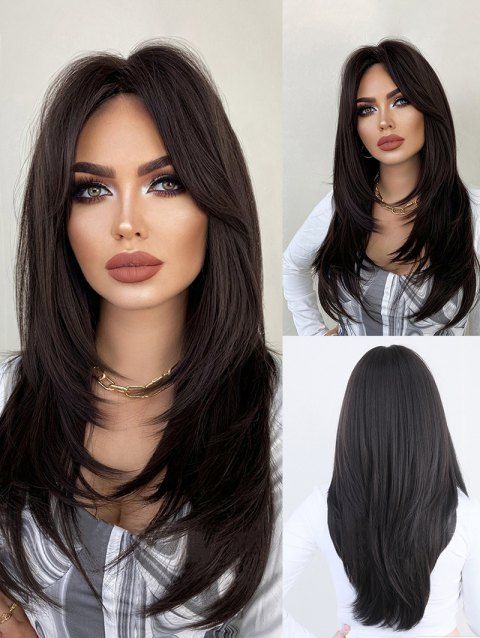 Black Color Long Middle Part Wavy Capless Synthetic Wig