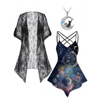 

Star Sky Print Casual Tank Top and Sheer Lace Kimono Moon Cat Chain Necklace Outfit, Multicolor