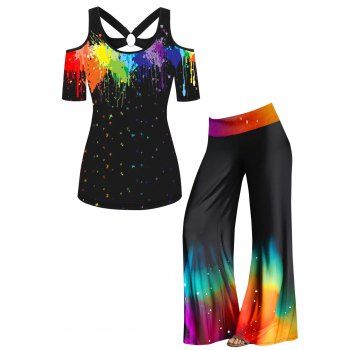 

Cut Out Colorful Splatter Painting Print T-shirt and Rainbow Print Wide Leg Pants Outfit, Multicolor