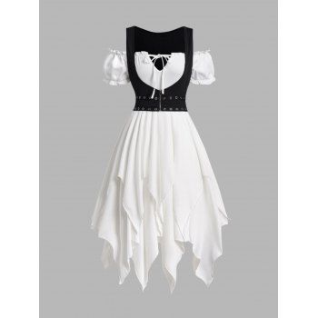 

Colorblock Grommet Corset Style Tank Top and Plain Color Tied Handkerchief Hem Dress Casual Outfit, White