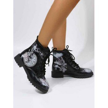 Rabbit Print Lace Up Colorblock Lug Sole Casual Boots