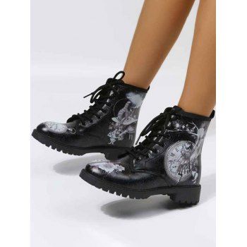 

Rabbit Print Lace Up Colorblock Lug Sole Casual Boots, Black