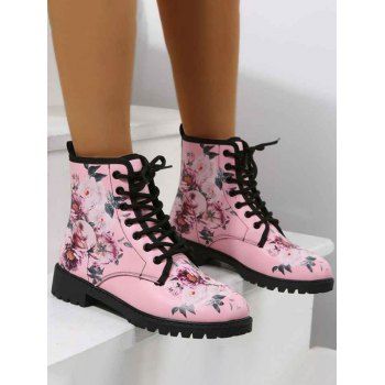 

Flower Allover Print Lace Up Lug Sole Casual Boots, Pink