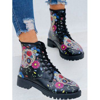

Flower Skull Pattern Halloween Lace Up Lug Sole Boots, Black