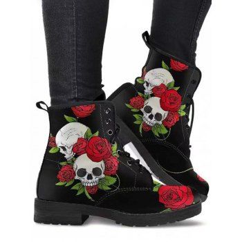 Halloween Skull and Rose Print Lace Up Outdoor Boots