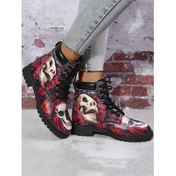 Halloween Skull and Rose Print Lace Up Lug Sole Casual Boots