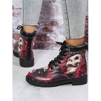 

Halloween Skull and Rose Print Lace Up Lug Sole Casual Boots, Deep red